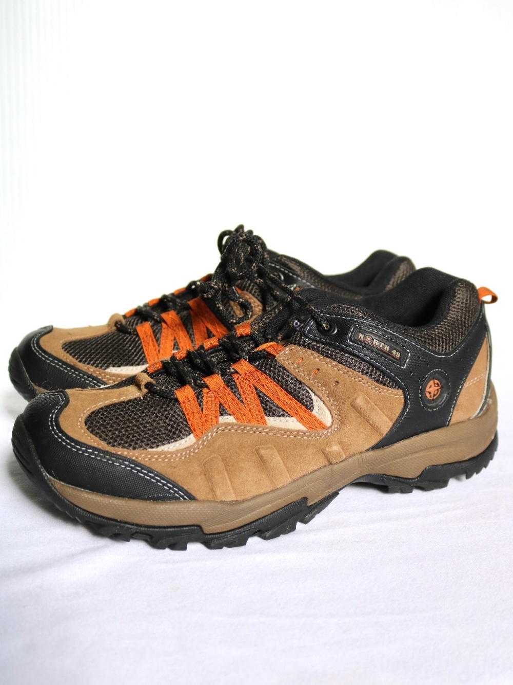 North 49 Men's Size 9 Low Cut Hiking Trail Shoes Brown Black Orange Suede Mesh